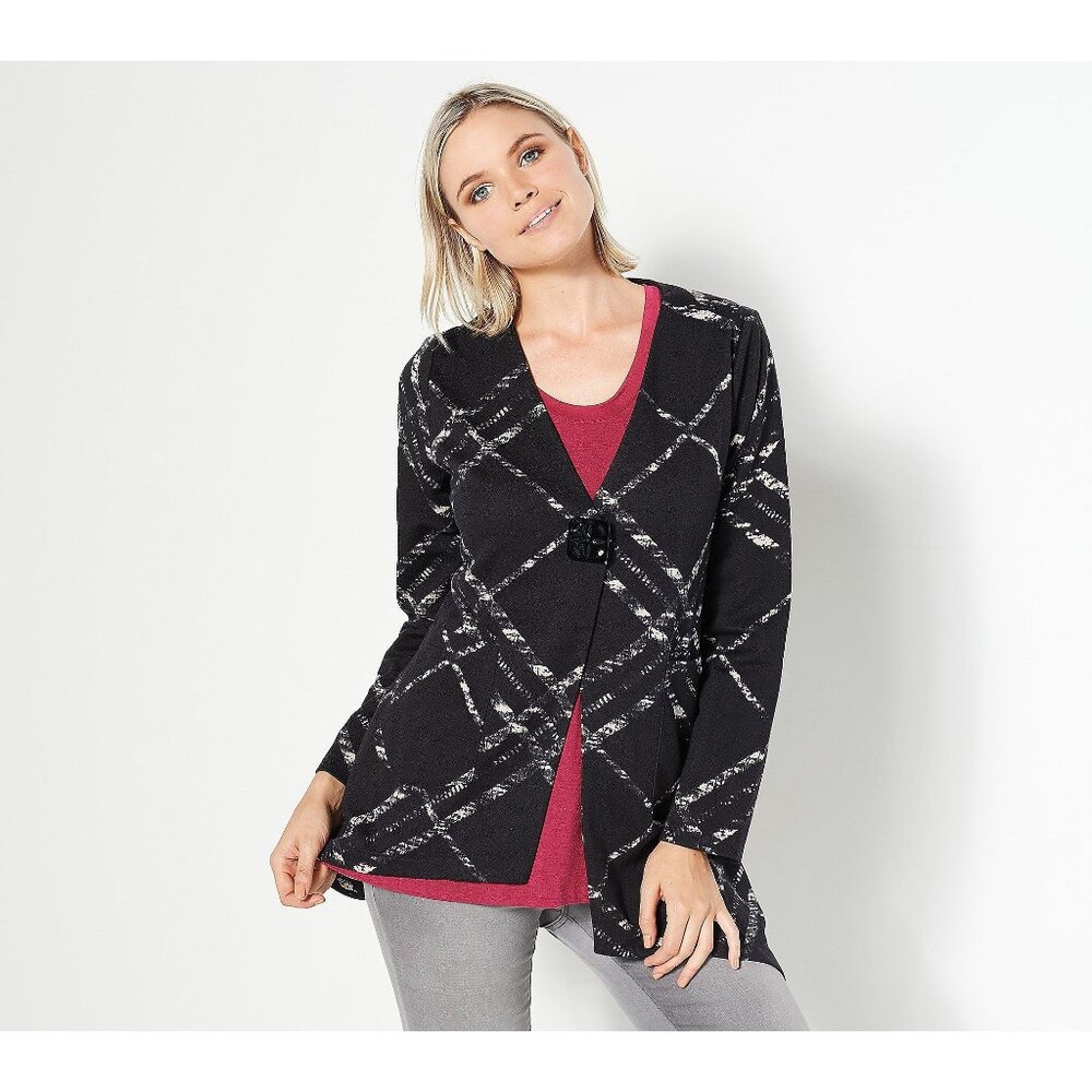 Truth + Style Printed Knit Asymmetrical Button Cardigan Womens S Black Plaid NEW